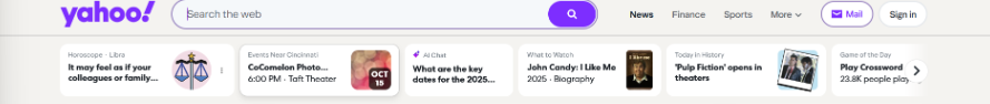 Yahoo logo and search bar at the top of the homepage